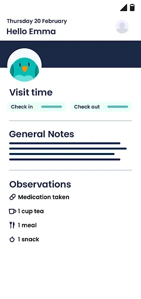 Family app screen showing a care visit: check-in and check-out times, general notes, and observations including medication taken and meals